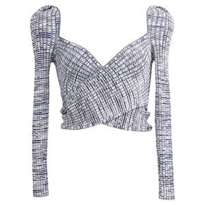 Self-Portrait Wrapover Ribbed-Knit Crop Top in Blue Viscose